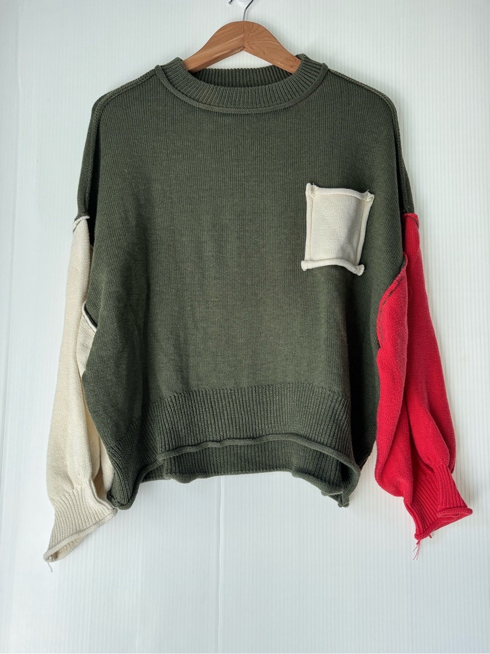 POL Olive Colorblock Crewneck Sweater with Cream Pocket & Red Sleeve